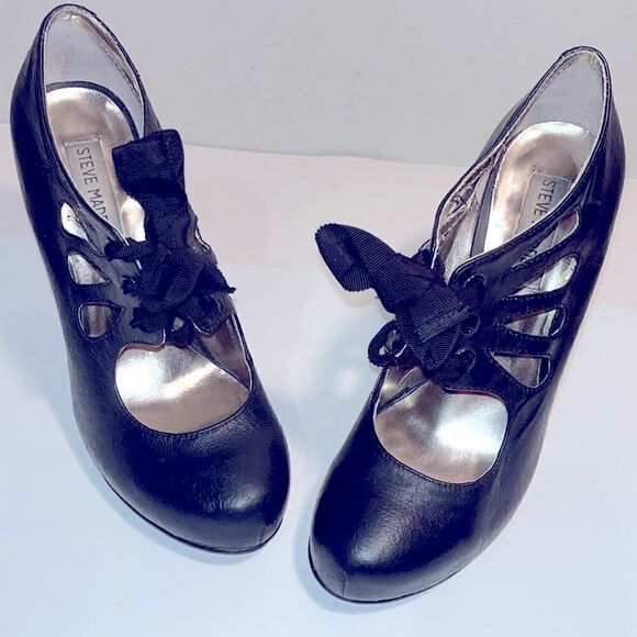 Steve Madden black leather string up 5”heels - Picture 2 of 6